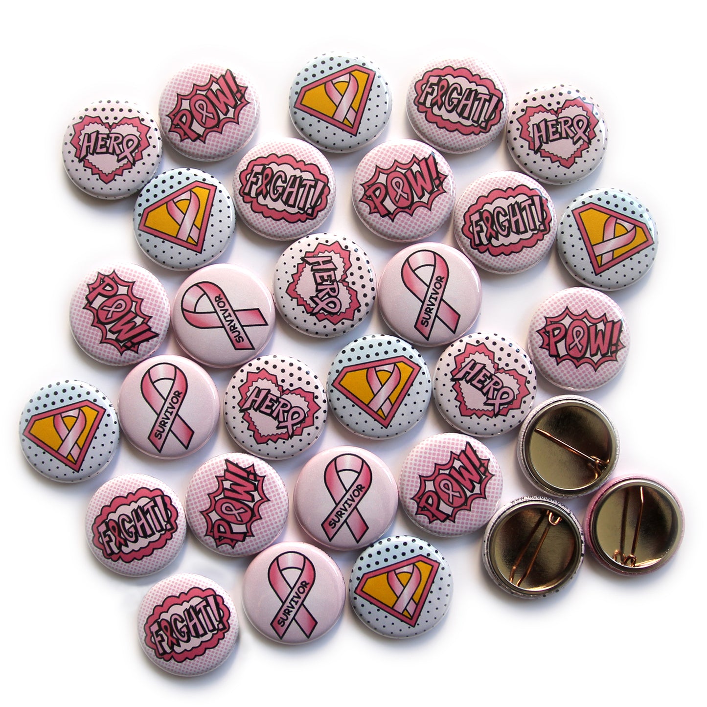 Pink Awareness Ribbon Mini Buttons, Superhero/Comic Book Style. (1" Pins, 30 Piece Set)