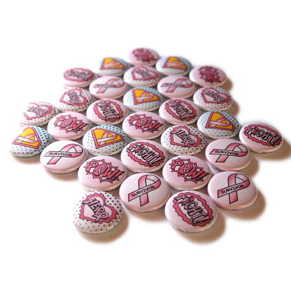 Pink Awareness Ribbon Mini Buttons, Superhero/Comic Book Style. (1" Pins, 30 Piece Set)