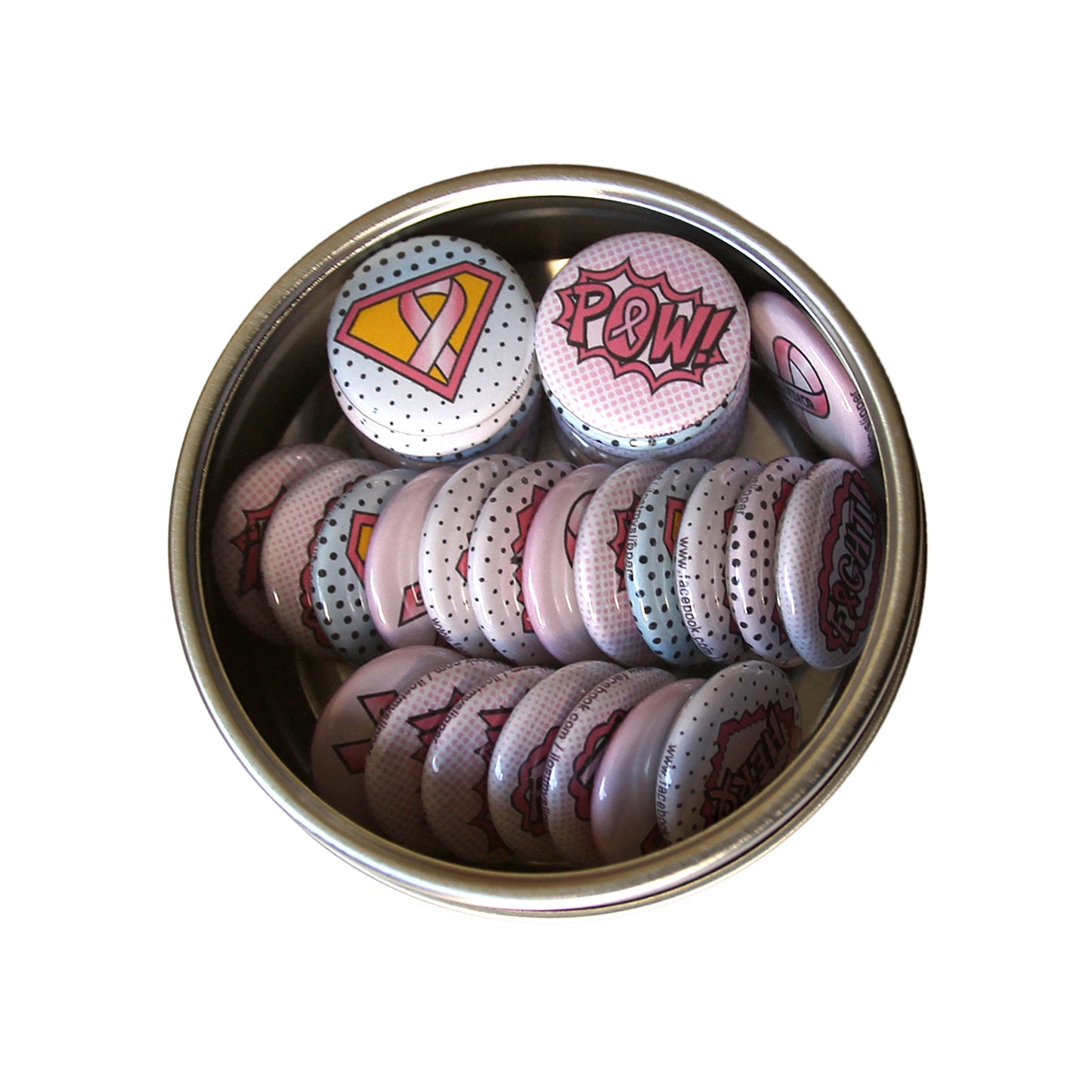 Pink Awareness Ribbon Mini Buttons, Superhero/Comic Book Style. (1" Pins, 30 Piece Set)