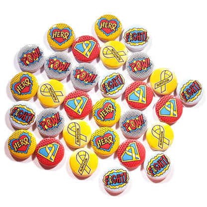 Gold Awareness Ribbon Mini Buttons, Superhero/Comic Book Style. (1" Pins, 30 Piece Set)