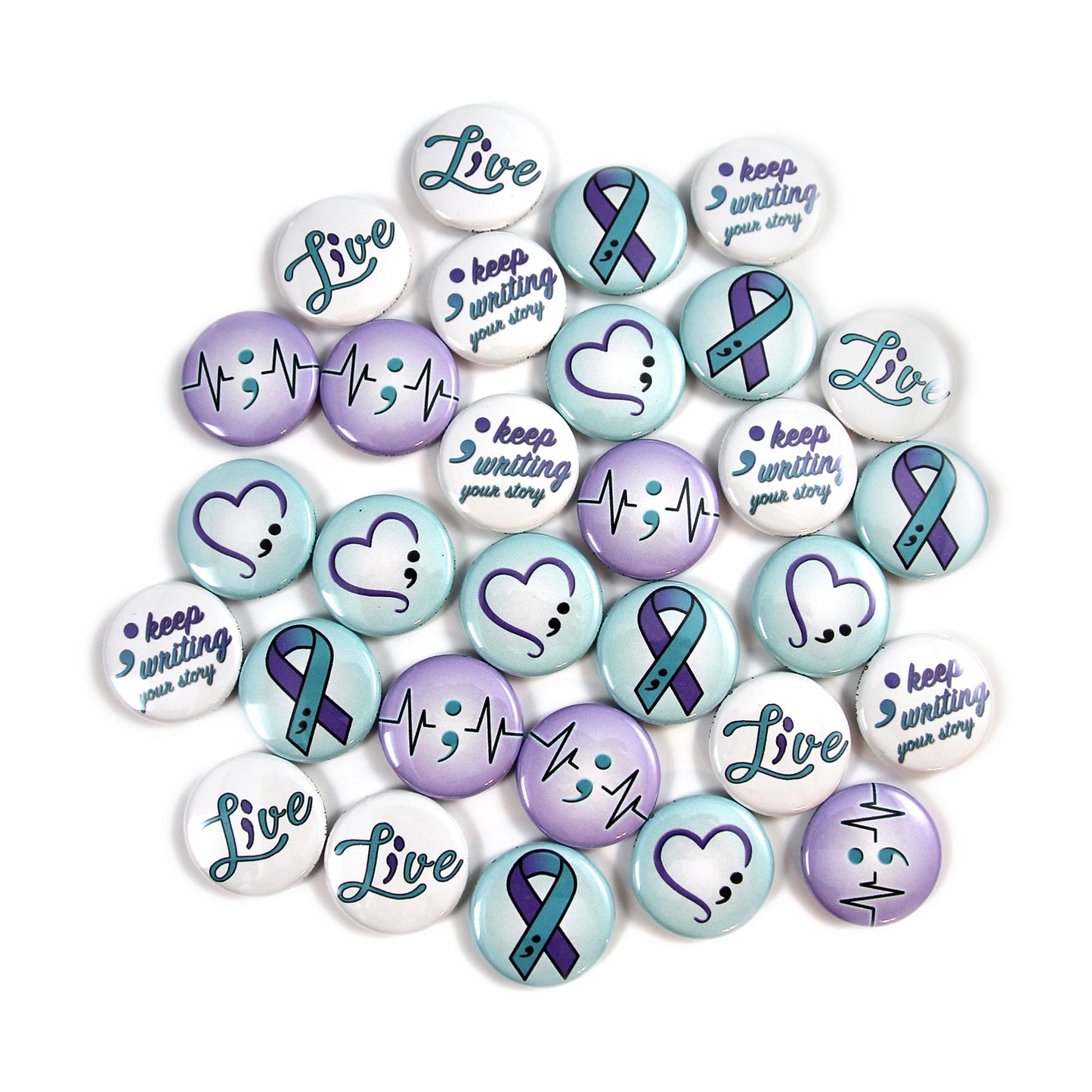 Semicolon/Suicide Awareness Mini Buttons. (1" Pins, 30 Piece Set)