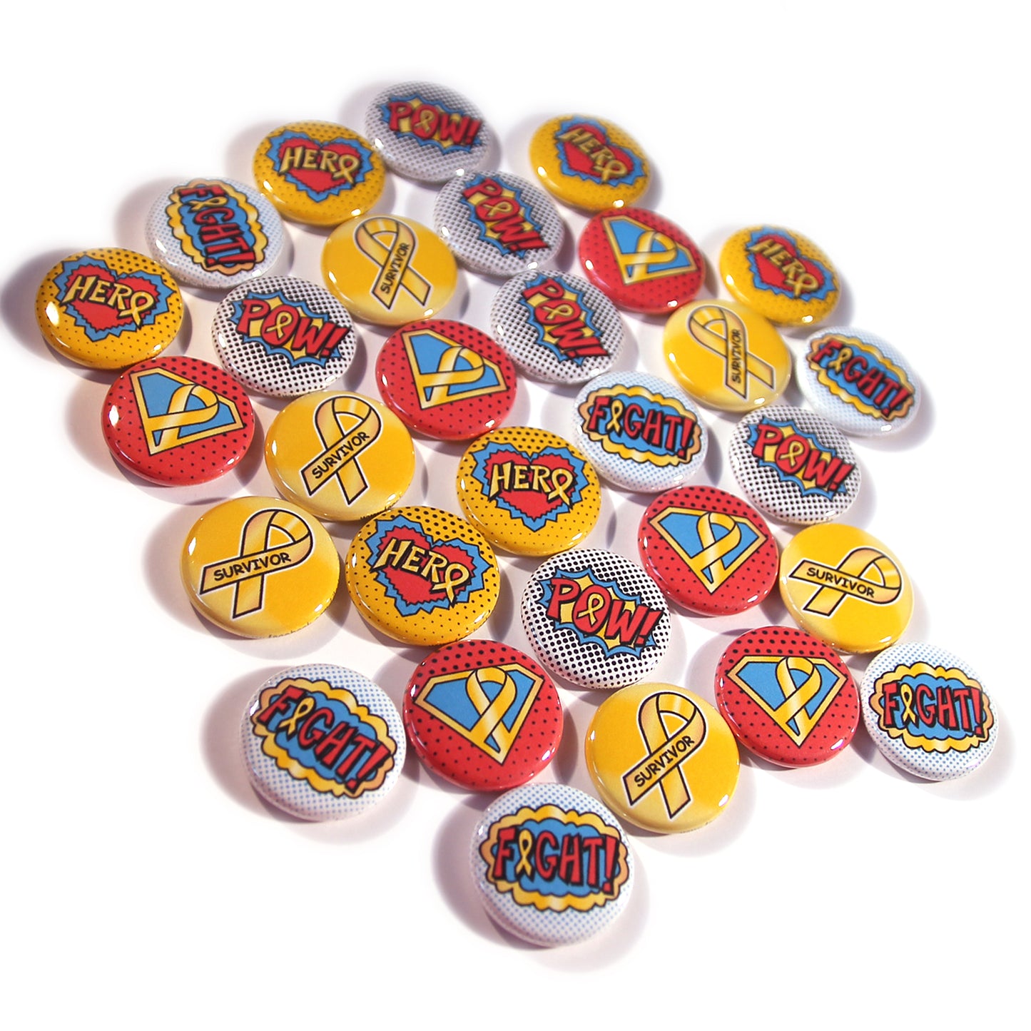 Gold Awareness Ribbon Mini Buttons, Superhero/Comic Book Style. (1" Pins, 30 Piece Set)