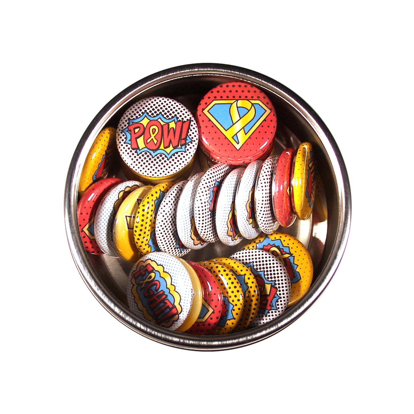 Gold Awareness Ribbon Mini Buttons, Superhero/Comic Book Style. (1" Pins, 30 Piece Set)