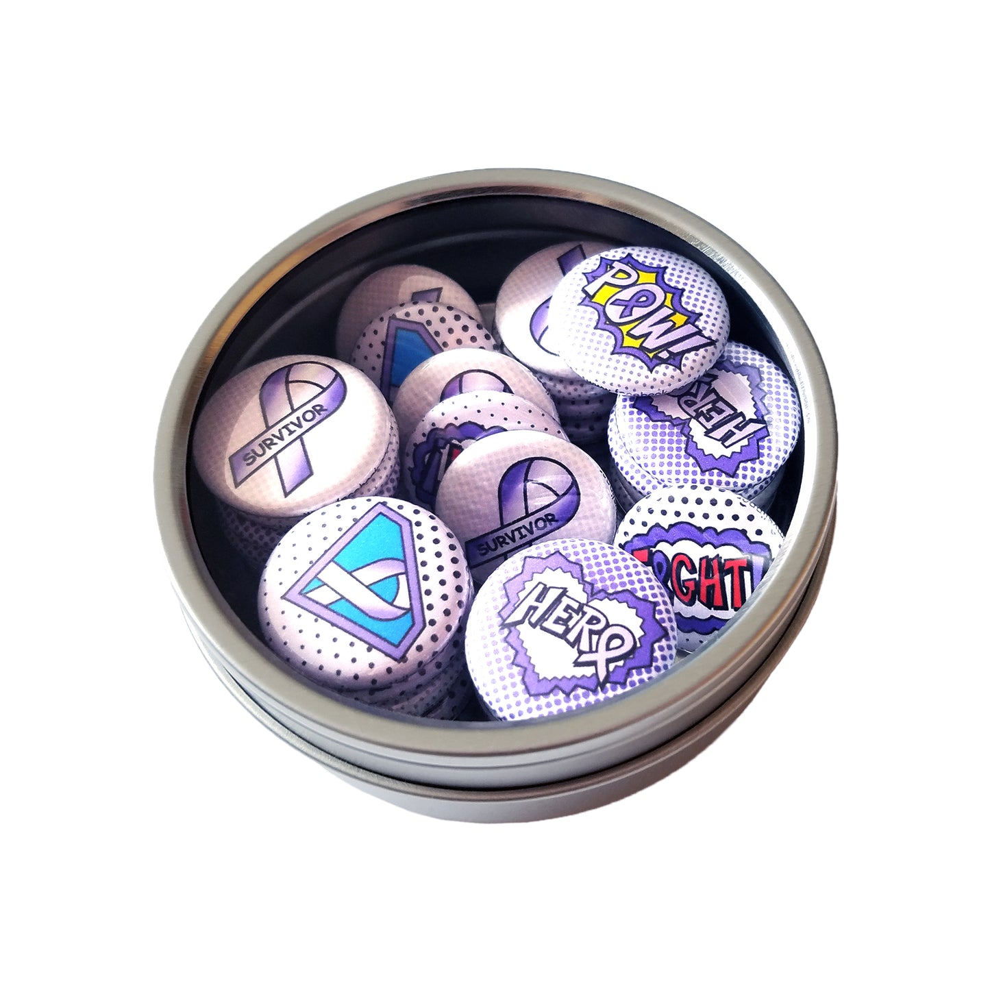 Lavender Awareness Ribbon Mini Buttons, Superhero/Comic Book Style. (1" Pins, 30 Piece Set)