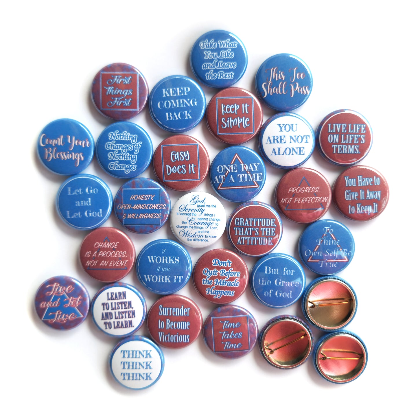 Recovery Buttons, Daily Affirmations for AA / NA (1” Pins, 30 Piece Set)