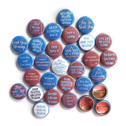 Recovery Buttons, Daily Affirmations for AA / NA (1” Pins, 30 Piece Set)