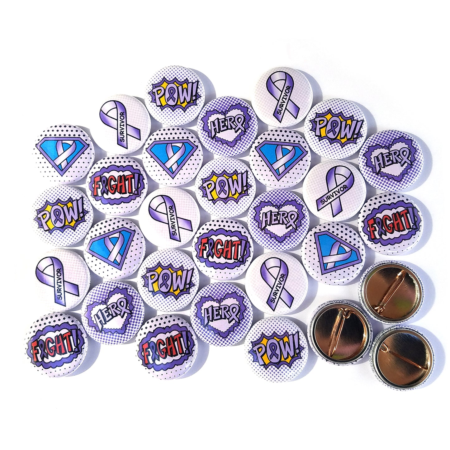 Lavender Awareness Ribbon Mini Buttons, Superhero/Comic Book Style. (1" Pins, 30 Piece Set)