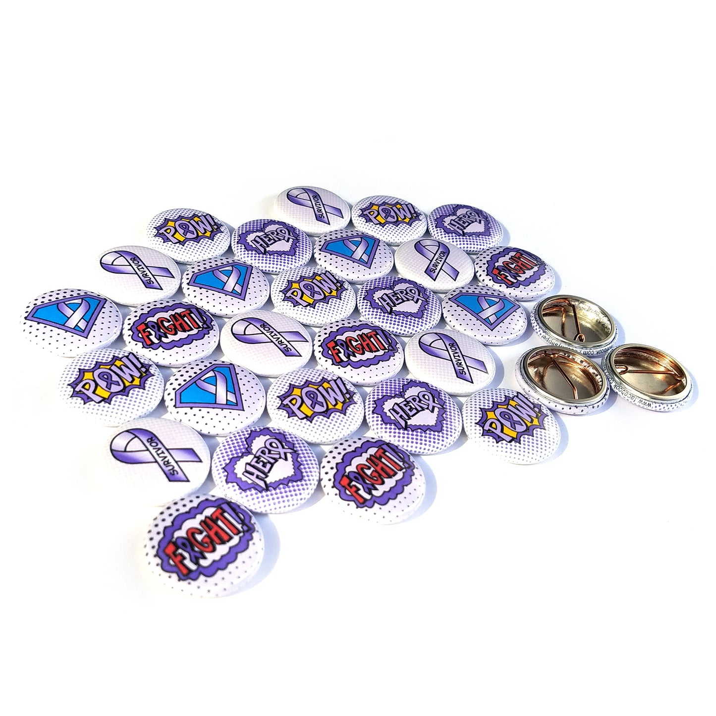 Lavender Awareness Ribbon Mini Buttons, Superhero/Comic Book Style. (1" Pins, 30 Piece Set)